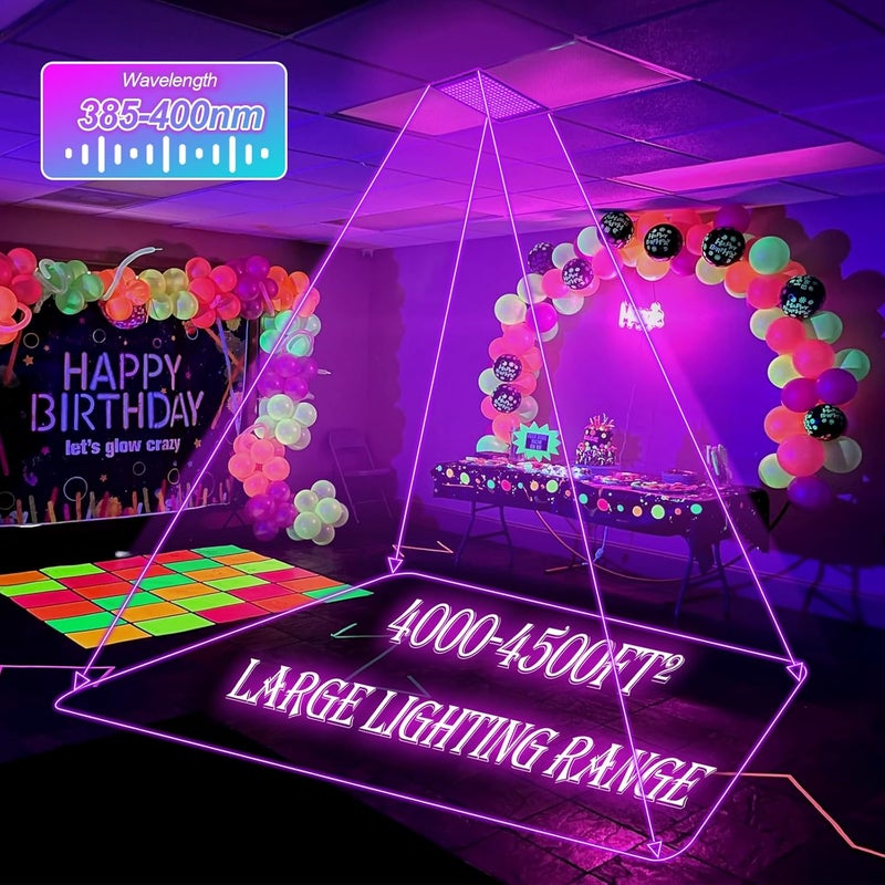 Akpgf Store 4 Pack 200W Black Light, LED Blacklight with US Plug and Switch, Black Lights for Glow and Neon Parties, Halloween, Body Painting, Birthday Party, Fluorescent Painting and Tapestry - Image 2
